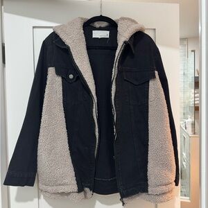 Newbury kustom black denim jacket cream fleece accent,detachable hood large new